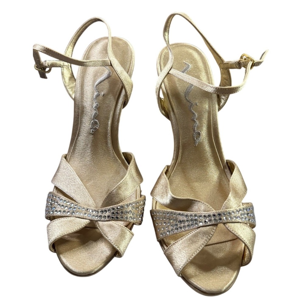 Nina Gold Satin Rhinestone Evening Sandals Size 7.5M Stiletto Heel Formal Shoes